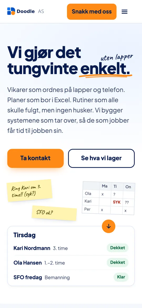 Forsiden til Doodle AS med en stor overskrift, gule lapper og en vaktliste der vikarene er dekket.