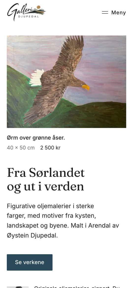Etter: forsiden til Galleri Djupedal med et maleri av en ørn, og mål og pris under.