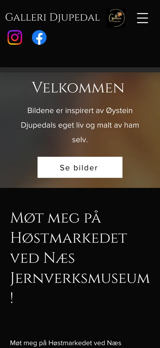Før: Wix-siden med svart topp, engelsk meny og «Velkommen» over et uskarpt bilde.